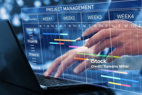 Project manager working on laptop and updating tasks and milestones progress planning with Gantt chart scheduling interface for company on virtual screen. Business Project Management System